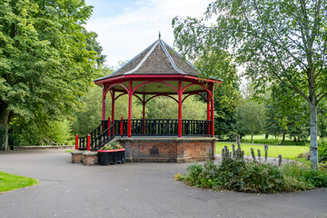 Ornate wooden gazebo or pagoda in a public park