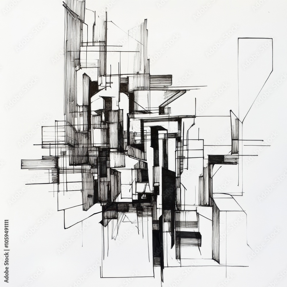 Poster An intricate abstract design features sharp lines and geometric shapes, creating a compelling representation of an urban landscape. Generative AI