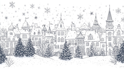 Hand Drawn Winter Village Illustration with Snowfall and Pine Trees