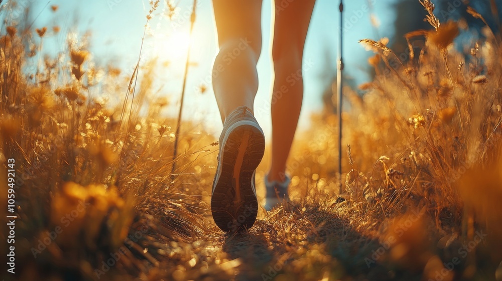 Aufkleber golden sunlight filters through the tall grass as an individual strolls along a path lined with vibr