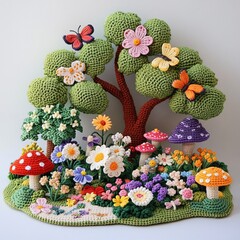 Crocheted handmade forest trees flowers mushrooms, butterflies handiwork creative craft  