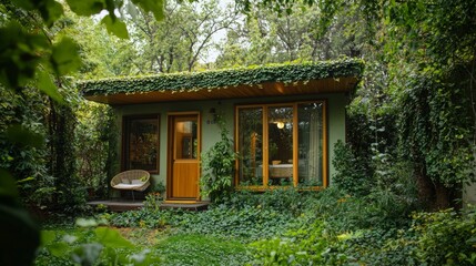 A small eco-friendly house surrounded by greenery highlighting the benefits of sustainable living for the planet