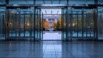 A transparent government building with open doors promoting government transparency and accountability to the people