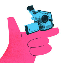 Contemporary art collage. Pink hand with blue camcorder on its finger against white background,...