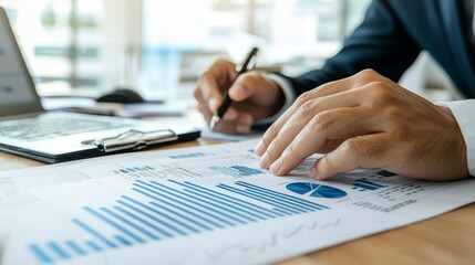Naklejka premium Close-up of hands reviewing financial documents during a corporate meeting focusing on business strategy and financial decision-making