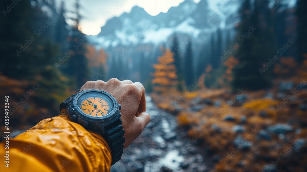 Poster a hiker glances at their watch while standing on a muddy trail, surrounded by vibrant autumn foliage
