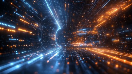 Fototapeta premium Futuristic Digital Tunnel, Big Data Network, Cyberspace With Glowing Particles Flow, 3D Rendering