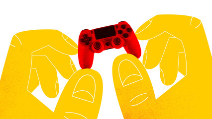 Contemporary art collage. Two yellow hands with red gaming controller against white background....