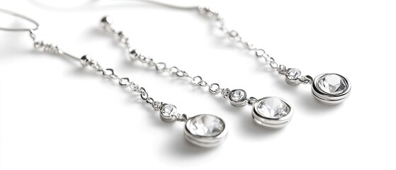 Close-up of three silver dangle earrings with clear crystal accents.