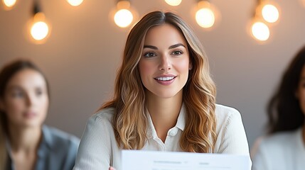 Portrait of a professional woman engaged in a work seminar, radiating focus and enthusiasm, with a softly blurred lamp in the background, creating a cozy and inviting atmosphere that enhances her dedi