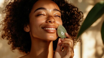 Woman using jade roller for facial massage