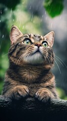 A cat is looking up at the camera with its eyes wide open. The cat is sitting on a ledge, and the rain is falling around it