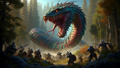 Warriors tremble as a giant serpent lunges in a fierce battle scene, illustrated to evoke the thrills of mythical fantasy.