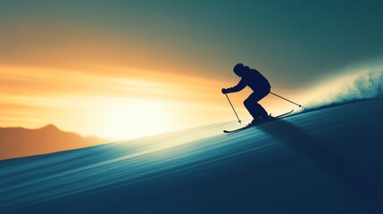 Fototapeta premium A skier is silhouetted against a fiery sunset as they ski down a snowy slope.