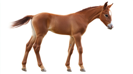 Fototapeta premium Cute Brown Foal Horse Standing Isolated on White Background