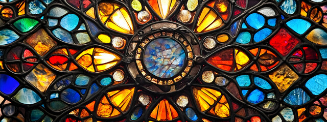 Intricate stained glass window designs, colorful texture background illuminating artistic craftsmanship