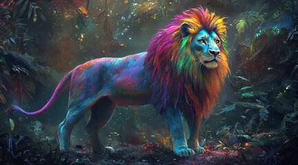 Vibrant lion with rainbow mane standing majestically in a mystical forest.
