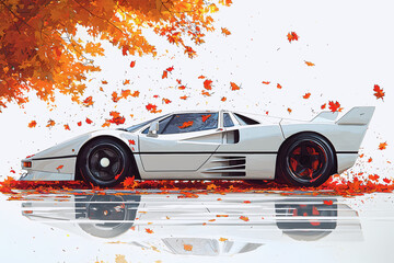 Classic sports car with autumn leaves reflecting on sleek white body.
