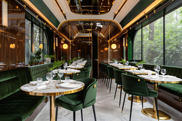a luxurious vintage train dining car interior, brass details and wooden panels