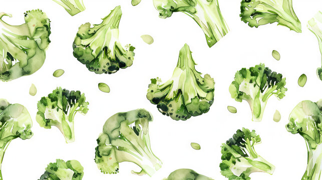 Watercolor Illustration of Fresh Broccoli Florets on a White Background. Concept of Healthy Eating, Organic Vegetables, Vegan Lifestyle. Background