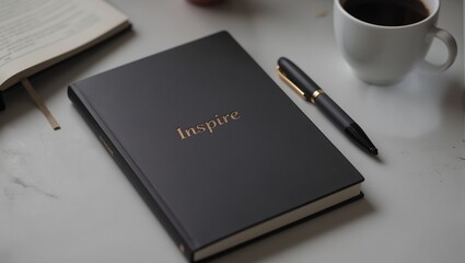 Stylish black notebook with Inspire in gold open on a desk with a pen and coffee
