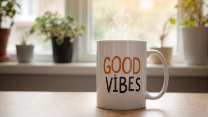 Stylish Good Vibes mug on wooden table steam rising from coffee plants by sunny window