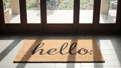 Stylish Hello rug by glass door with sunlight