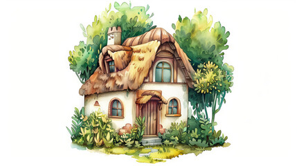 Charming watercolor illustration of a cozy cottage surrounded by vibrant greenery, concepts of rural tranquility, nature's beauty, peaceful retreat, cosy house