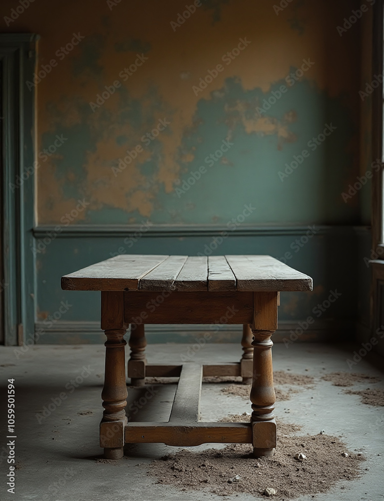 Poster a worn wooden table stands alone in a dimly lit empty room with faded wooden details surrounding it 