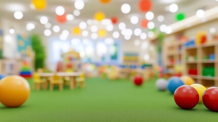 Colorful Indoor Playground with Toys and Green Carpet, Perfect for Kids. Blurred Background.