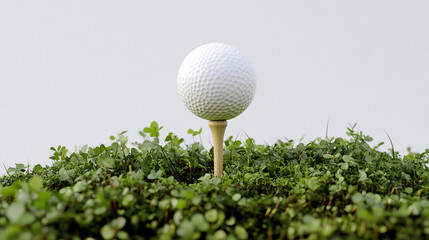 Golf Ball on Tee in Green Grass with White Background