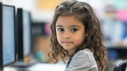 Engaged schoolgirl exploring technology in a classroom environment Young student utilizing a computer during an elementary technology lesson