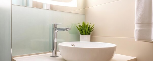 Fototapeta premium Bathroom with frosted glass and chrome fixtures, soft light, modern vibe
