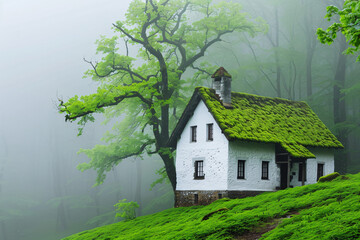 Fototapeta premium ancient stone cottage in misty forest, moss covered walls 