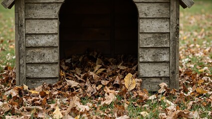 Neglected doghouse filled with scattered leaves creating a cluttered and messy appearance