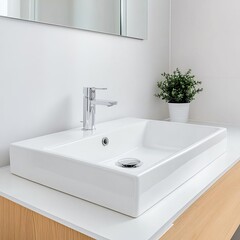 Fototapeta premium Compact sink with minimalist fixtures, modern bathroom design, efficient