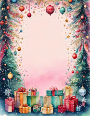 Watercolor christmas background with branches and balls, merry christmas party invitation template, Pink Christmas holiday decorations blank
