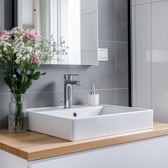 Fototapeta premium Compact sink with minimalist fixtures, modern bathroom design, efficient