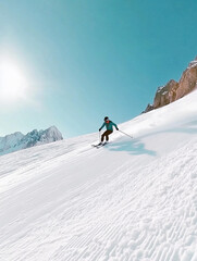 Skier descending snowy mountain slope on a sunny day