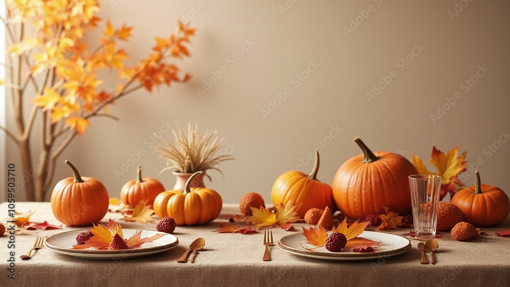 Poster autumn table set with warm tones and fall colors on a simple background for thanksgiving decorations