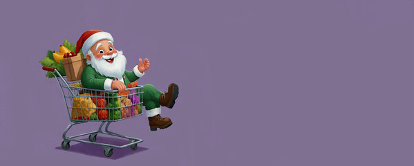 Naklejka premium Santa Claus is sitting in a grocery cart with groceries on a lilac background