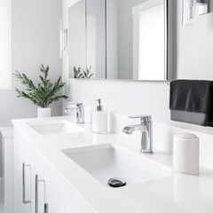 Fototapeta premium Dual vanity with chrome fixtures, clean and modern bathroom design