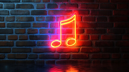 glowing neon music note sign is mounted on a brick wall The sign is illuminated with a vibrant yellow and pink light casting a colorful reflection on the dark floor