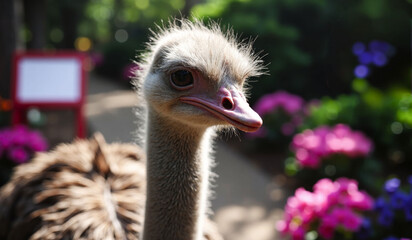 a ostrich with a pink head and a pink flower in the background.