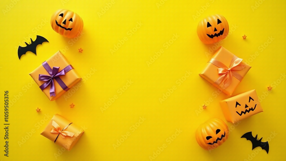 Aufkleber Bright yellow card features Halloween elements in a gift box design with an empty space to write a message.