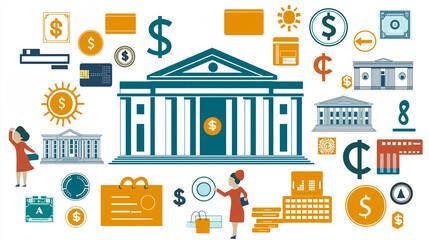 Obraz premium A building with columns, surrounded by dollar signs and other financial symbols.