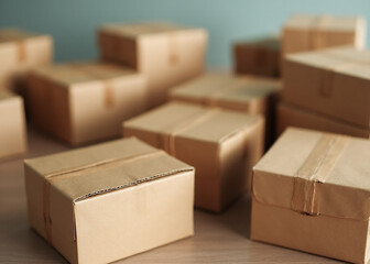 Fototapeta premium Brown unlabeled paper food boxes are found in many kitchens and homes around the world every day.