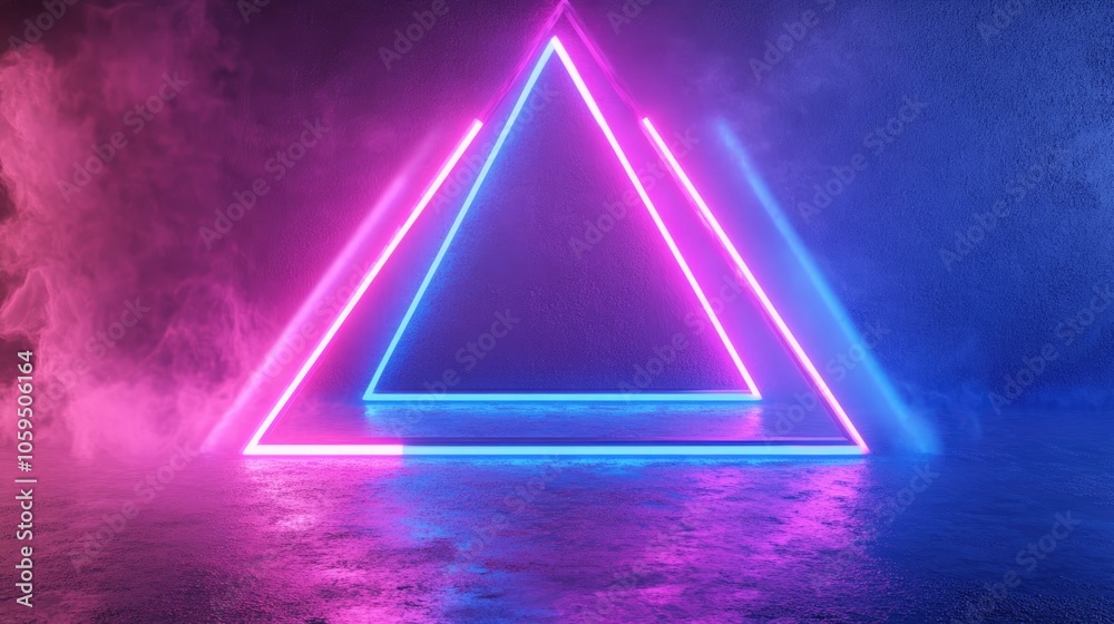 Aufkleber 3D render of a blue and pink neon triangular frame featuring triangle shapes and empty space illuminated by ultraviolet light in a retro 80s fashion show abstract background