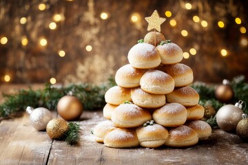 Christmas tree made of buns with a star on top, celebrating Christmas, New Year.
