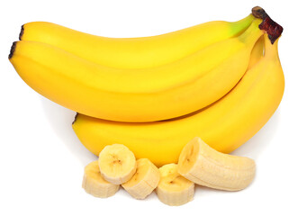 Bunch of bananas and rings cut isolated on white background